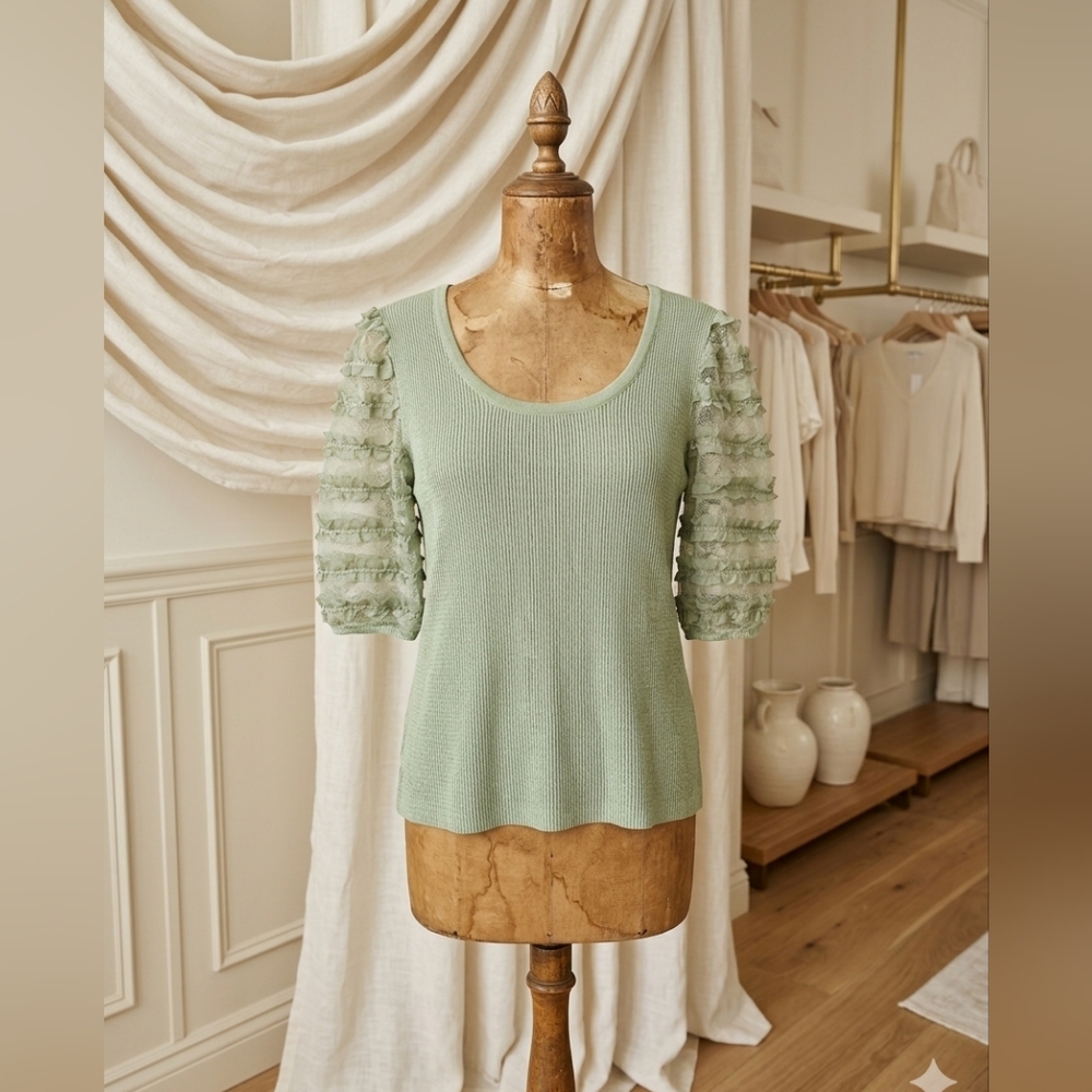Sage Green Ribbed Puff Sleeve Sweater – Cato, XL